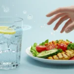 Why Drinking Water Before Meals Can Transform Your Health A refreshing and health-focused still-life composition featuring a clear glass of water with condensation droplets, placed next to a vibrant, colorful meal