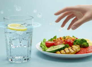 Why Drinking Water Before Meals Can Transform Your Health A refreshing and health-focused still-life composition featuring a clear glass of water with condensation droplets, placed next to a vibrant, colorful meal
