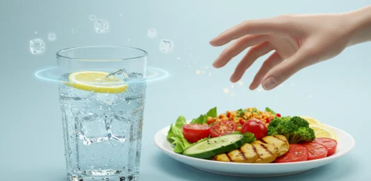A refreshing and health-focused still-life composition featuring a clear glass of water with condensation droplets, placed next to a vibrant, colorful meal