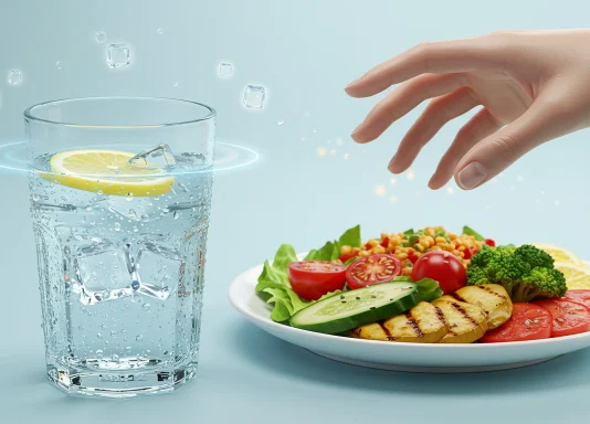 Why Drinking Water Before Meals Can Transform Your Health A refreshing and health-focused still-life composition featuring a clear glass of water with condensation droplets, placed next to a vibrant, colorful meal