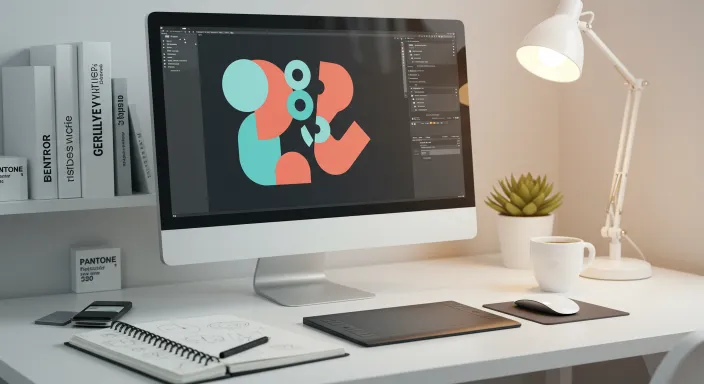 A personal computer set up showing a designed graphics