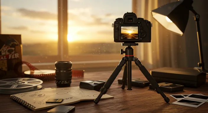 A set up on desk with camera showcasing photography