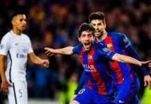 Teams that Came Back from 3 Goals Down in the UEFA Champions League in Recent Times Sergi Roberto celebrates after scoring Barcelona's sixth goal against PSG in the 2016/17 Champions League last 16 second leg