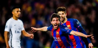 Teams that Came Back from 3 Goals Down in the UEFA Champions League in Recent Times Sergi Roberto celebrates after scoring Barcelona's sixth goal against PSG in the 2016/17 Champions League last 16 second leg