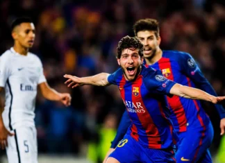Teams that Came Back from 3 Goals Down in the UEFA Champions League in Recent Times Sergi Roberto celebrates after scoring Barcelona's sixth goal against PSG in the 2016/17 Champions League last 16 second leg