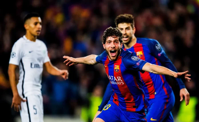 Sergi Roberto celebrates after scoring Barcelona's sixth goal against PSG in the 2016/17 Champions League last 16 second leg