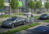 The Rise of Electric Vehicles in 2025 Futuristic city street in 2025 with electric vehicles at charging stations, surrounded by clean energy elements like solar panels, trees, and digital green tech displays.