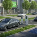 Futuristic city street in 2025 with electric vehicles at charging stations, surrounded by clean energy elements like solar panels, trees, and digital green tech displays.