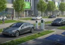 The Rise of Electric Vehicles in 2025 Futuristic city street in 2025 with electric vehicles at charging stations, surrounded by clean energy elements like solar panels, trees, and digital green tech displays.