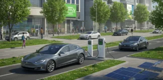 The Rise of Electric Vehicles in 2025 Futuristic city street in 2025 with electric vehicles at charging stations, surrounded by clean energy elements like solar panels, trees, and digital green tech displays.
