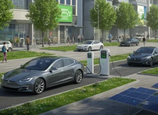The Rise of Electric Vehicles in 2025 Futuristic city street in 2025 with electric vehicles at charging stations, surrounded by clean energy elements like solar panels, trees, and digital green tech displays.