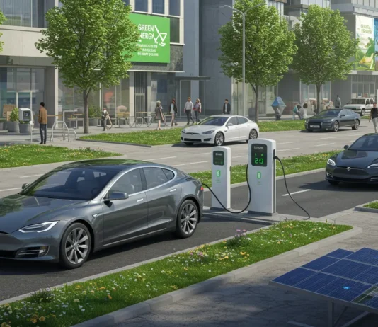 The Rise of Electric Vehicles in 2025 Futuristic city street in 2025 with electric vehicles at charging stations, surrounded by clean energy elements like solar panels, trees, and digital green tech displays.