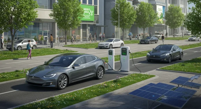 Futuristic city street in 2025 with electric vehicles at charging stations, surrounded by clean energy elements like solar panels, trees, and digital green tech displays.