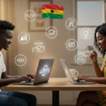 Best Udemy Courses for Ghanaians in 2025 Two young Ghanaians studying online using Udemy on laptops, with cultural decor and icons of tech, business, and creativity, symbolizing top online courses in 2025.