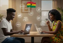 Best Udemy Courses for Ghanaians in 2025 Two young Ghanaians studying online using Udemy on laptops, with cultural decor and icons of tech, business, and creativity, symbolizing top online courses in 2025.