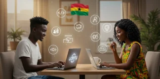 Best Udemy Courses for Ghanaians in 2025 Two young Ghanaians studying online using Udemy on laptops, with cultural decor and icons of tech, business, and creativity, symbolizing top online courses in 2025.