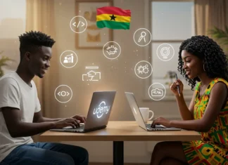Best Udemy Courses for Ghanaians in 2025 Two young Ghanaians studying online using Udemy on laptops, with cultural decor and icons of tech, business, and creativity, symbolizing top online courses in 2025.
