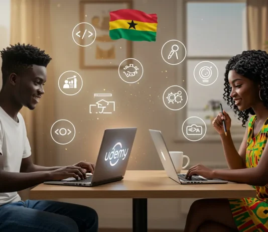 Best Udemy Courses for Ghanaians in 2025 Two young Ghanaians studying online using Udemy on laptops, with cultural decor and icons of tech, business, and creativity, symbolizing top online courses in 2025.