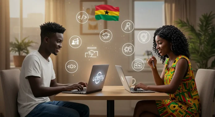 Two young Ghanaians studying online using Udemy on laptops, with cultural decor and icons of tech, business, and creativity, symbolizing top online courses in 2025.