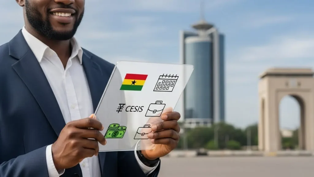 a professional Ghanaian man or woman in smart casual attire (like a shirt or blouse), smiling confidently